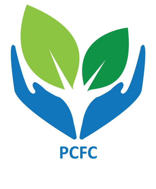 A logo with two hands holding two green leaves and the letters PCFC below.