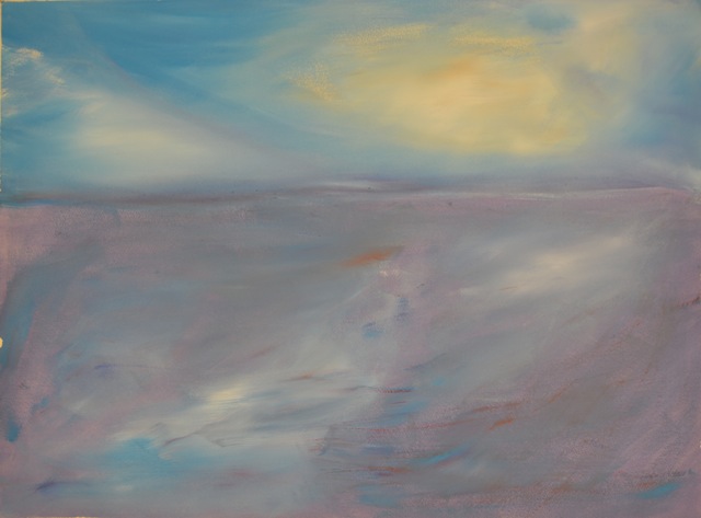 Abstract pastel painting of flat purple land under a blue sky and yellow sun.