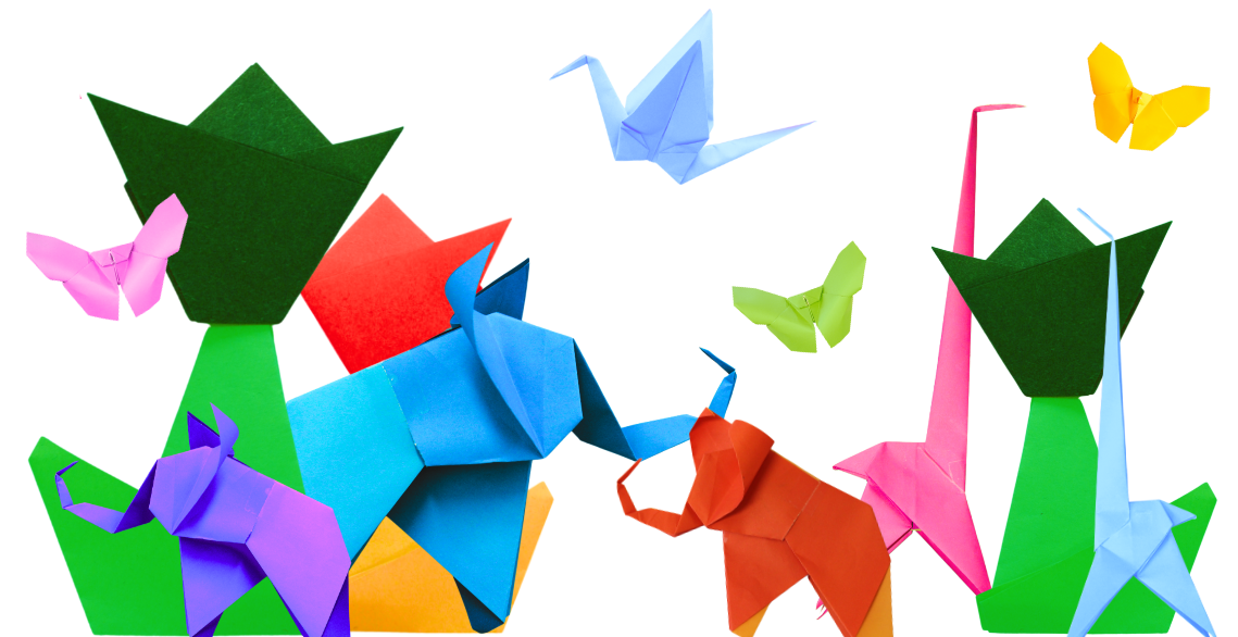 Miscellaneous origami paper animals in multiple colours.